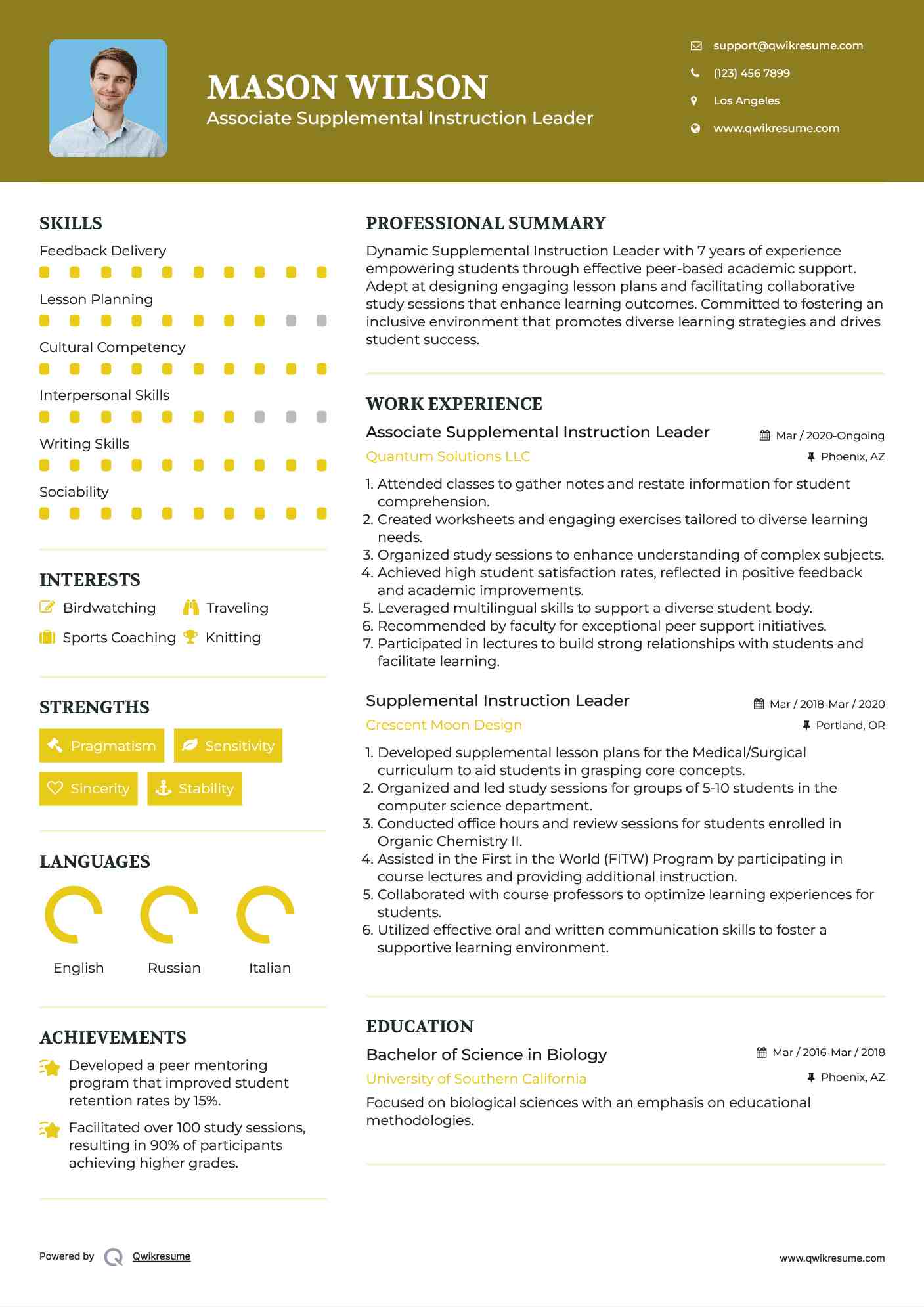 Associate Supplemental Instruction Leader Resume Model