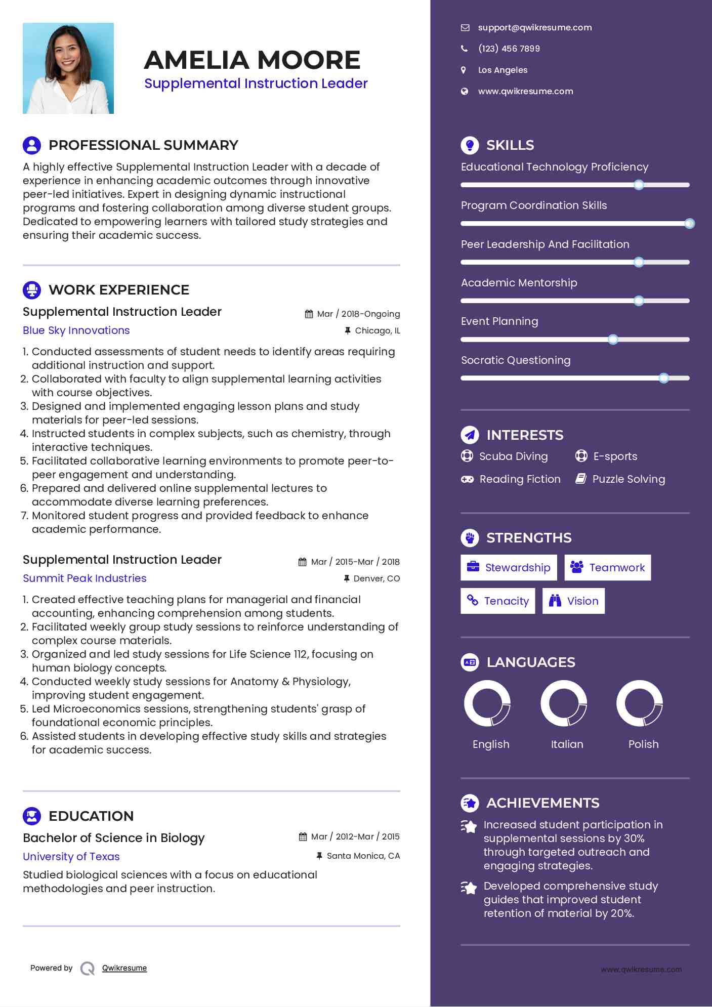 Supplemental Instruction Leader Resume Model