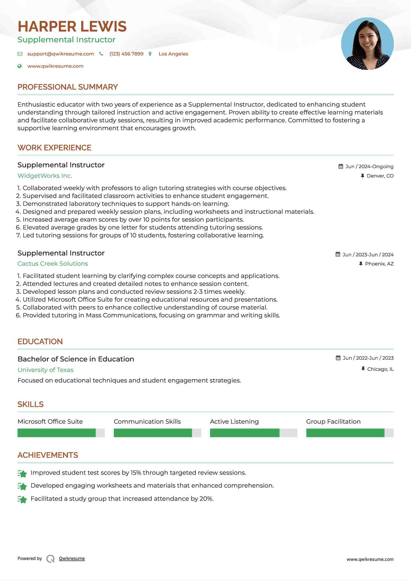 Supplemental Instructor Resume Sample