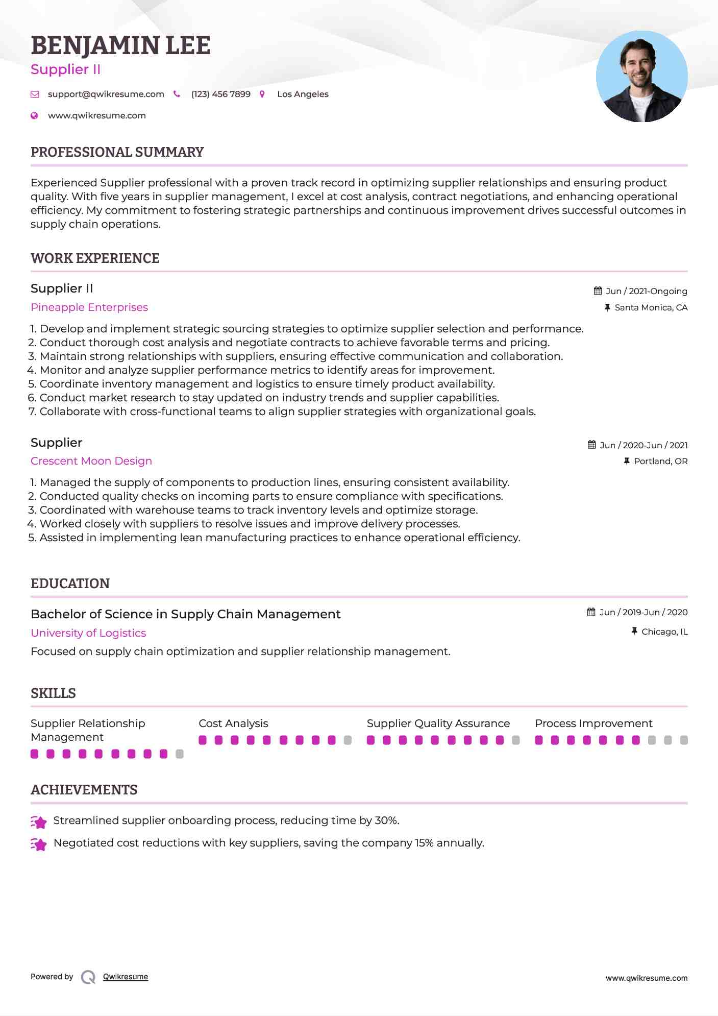 Supplier II Resume Template