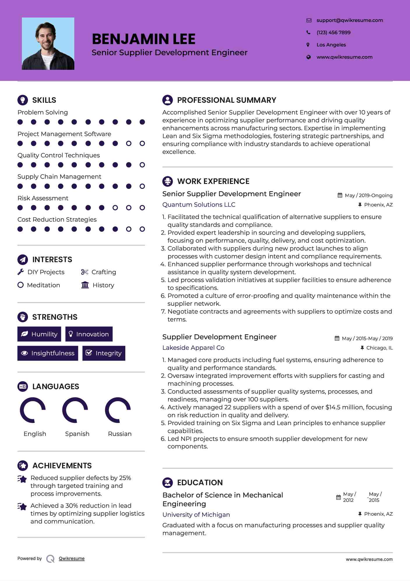 Senior Supplier Development Engineer  Resume Example