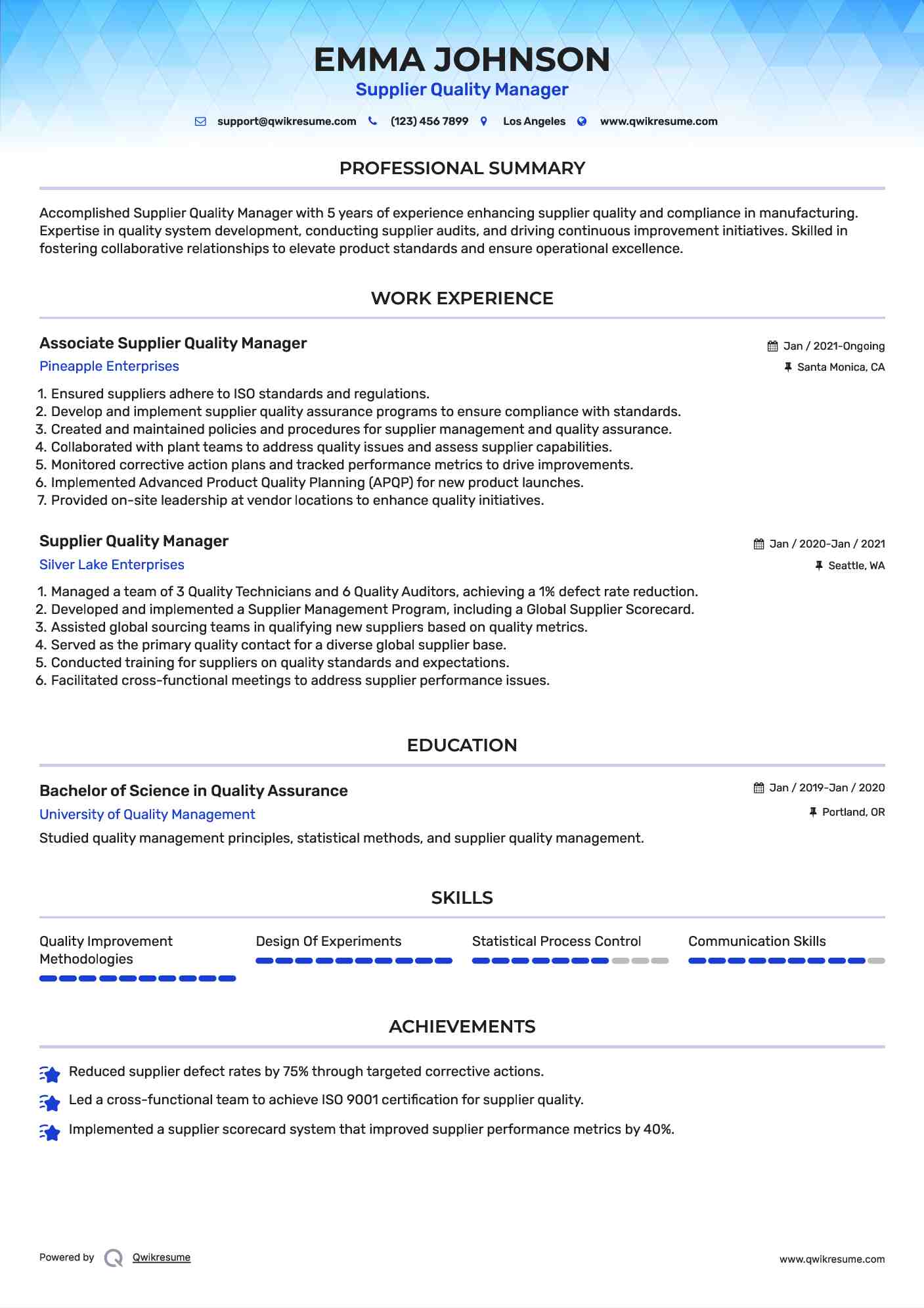Associate Supplier Quality Manager Resume Template