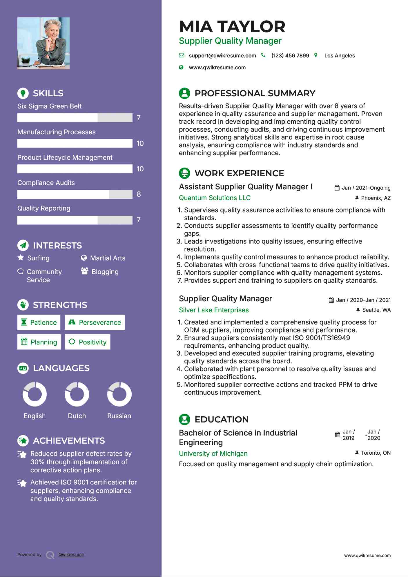 Assistant Supplier Quality Manager I Resume Format