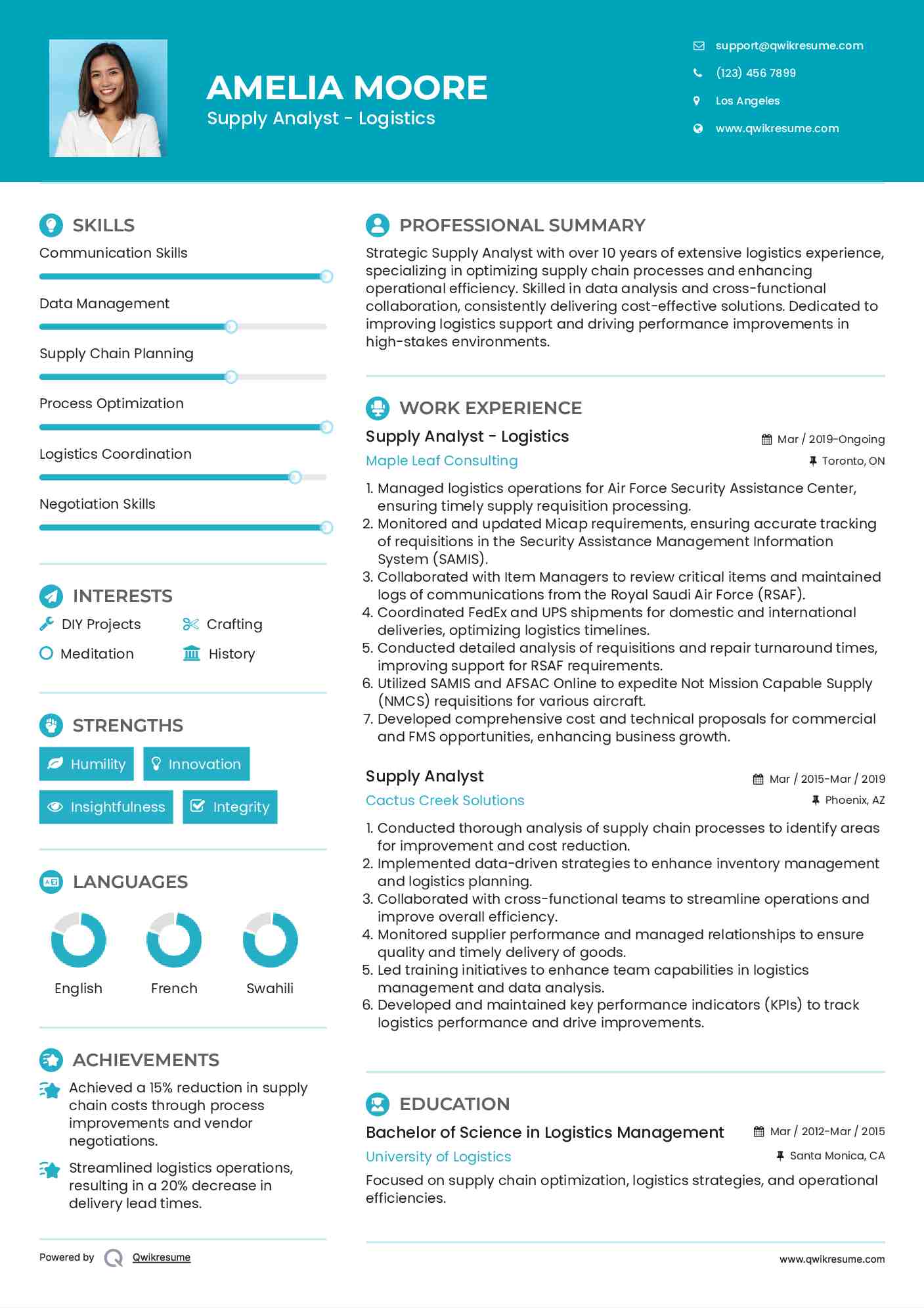 Supply Analyst - Logistics Resume Format