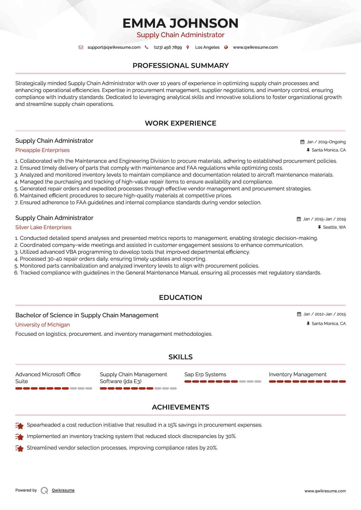 Supply Chain Administrator Resume Example