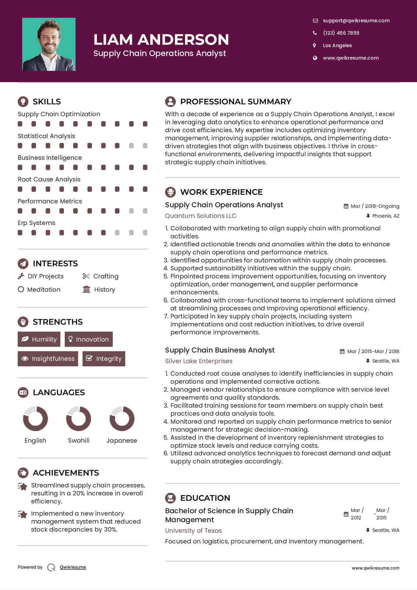 Supply Chain Operations Analyst Resume Model