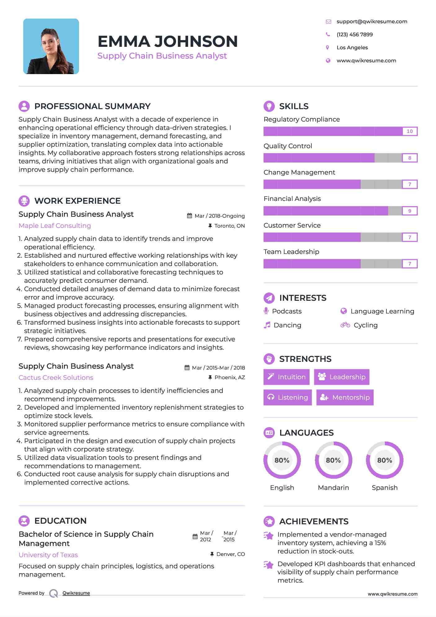 Supply Chain Business Analyst Resume Sample