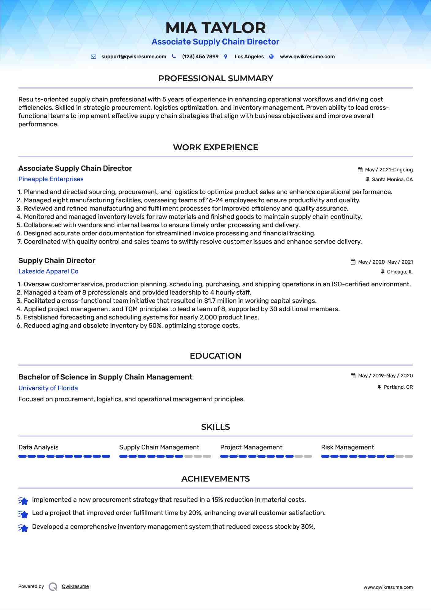 Associate Supply Chain Director Resume Model