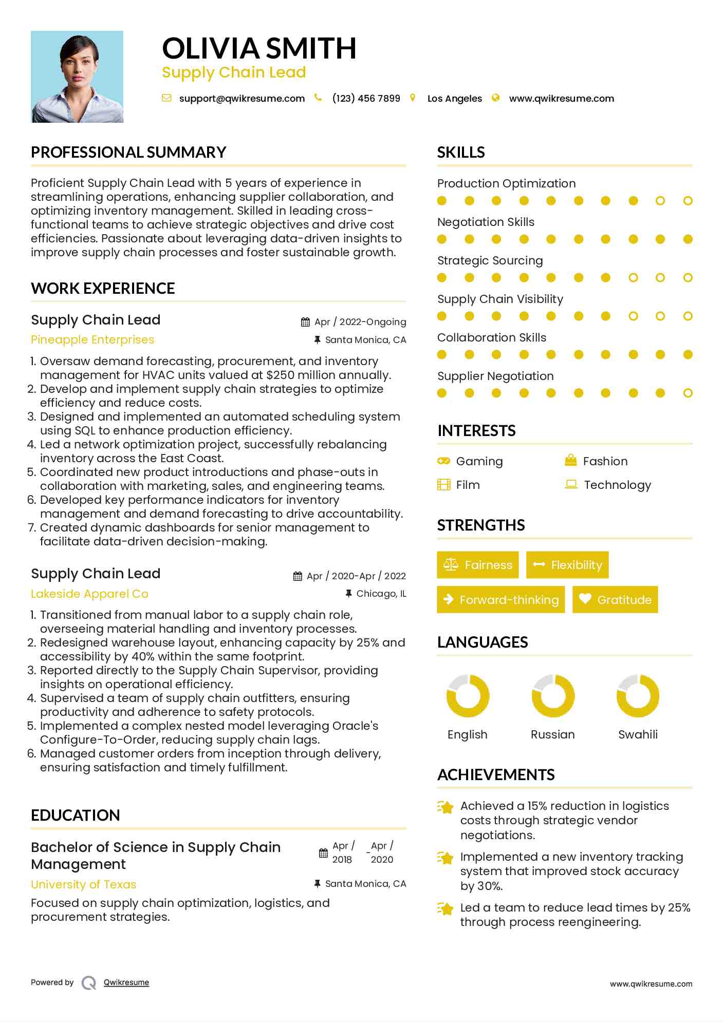 Supply Chain Lead Resume Format