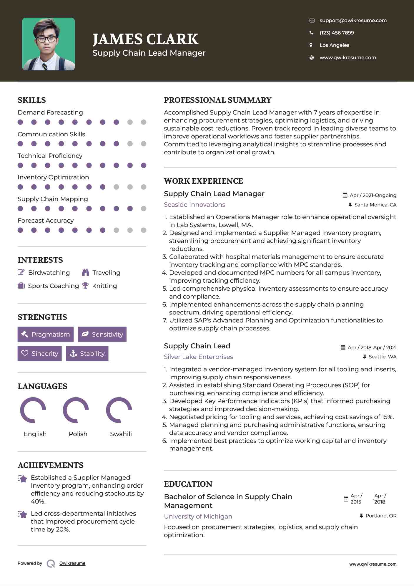 Supply Chain Lead Manager Resume Model