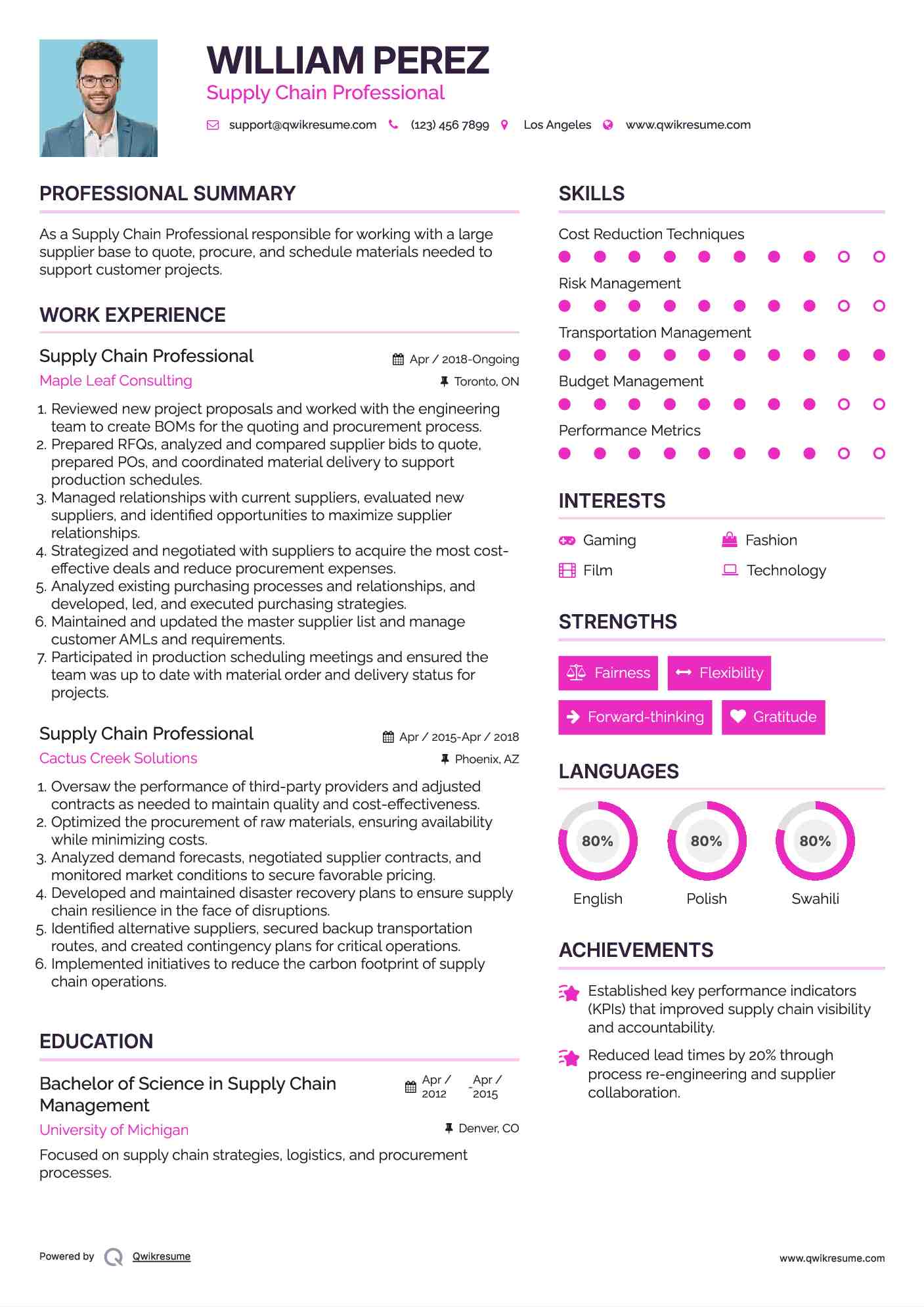 Supply Chain Professional Resume Example