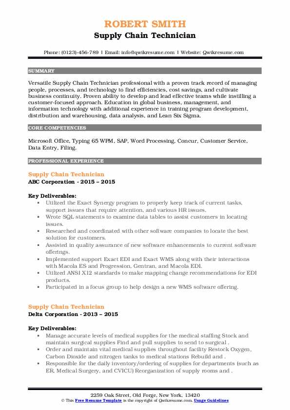 Supply Chain Technician Resume Samples QwikResume