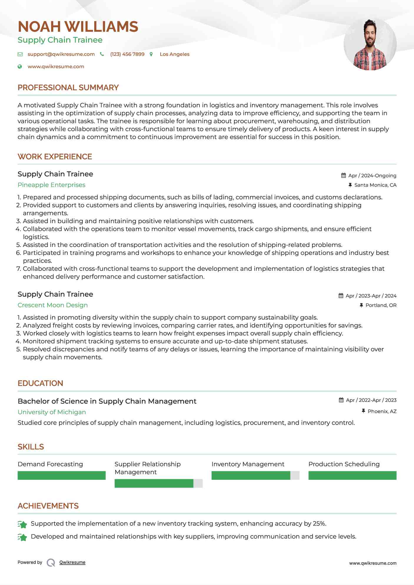 Supply Chain Trainee Resume Sample