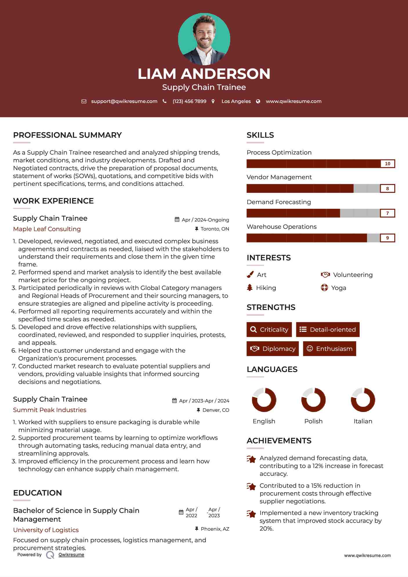 Supply Chain Trainee Resume Model