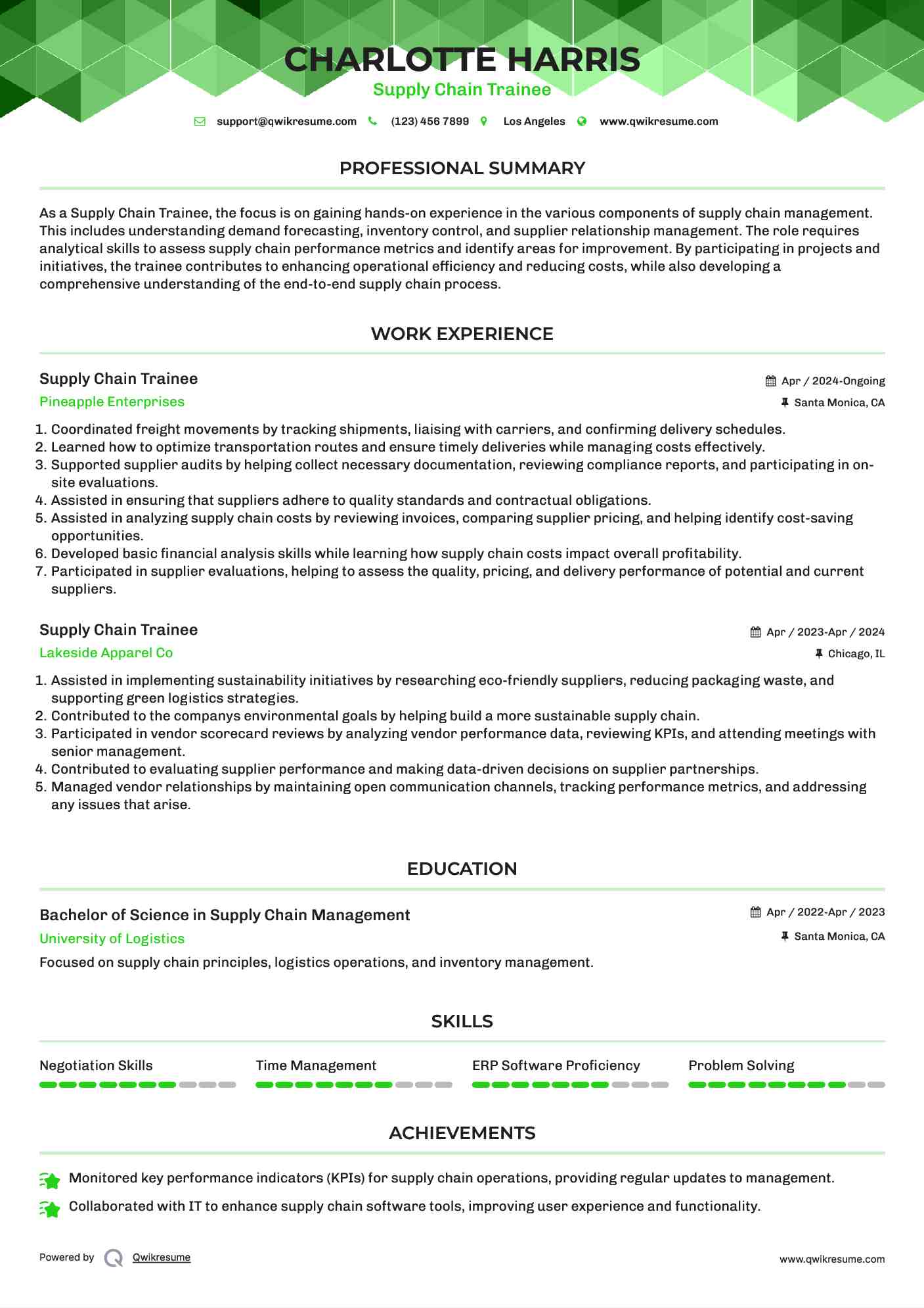 Supply Chain Trainee Resume Model