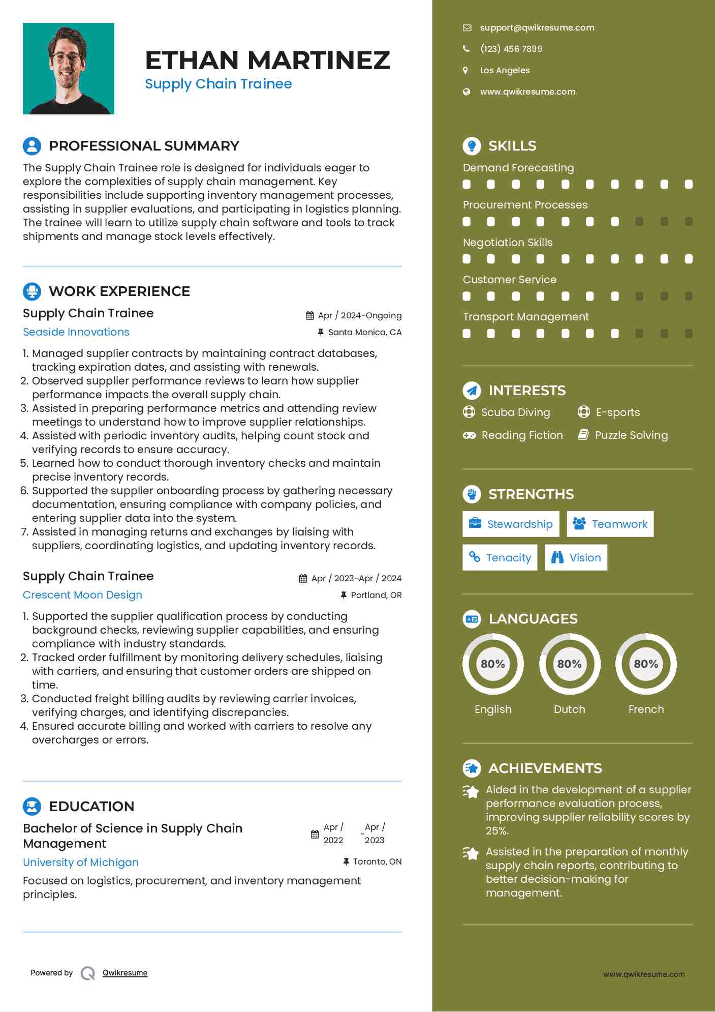 Supply Chain Trainee Resume Example