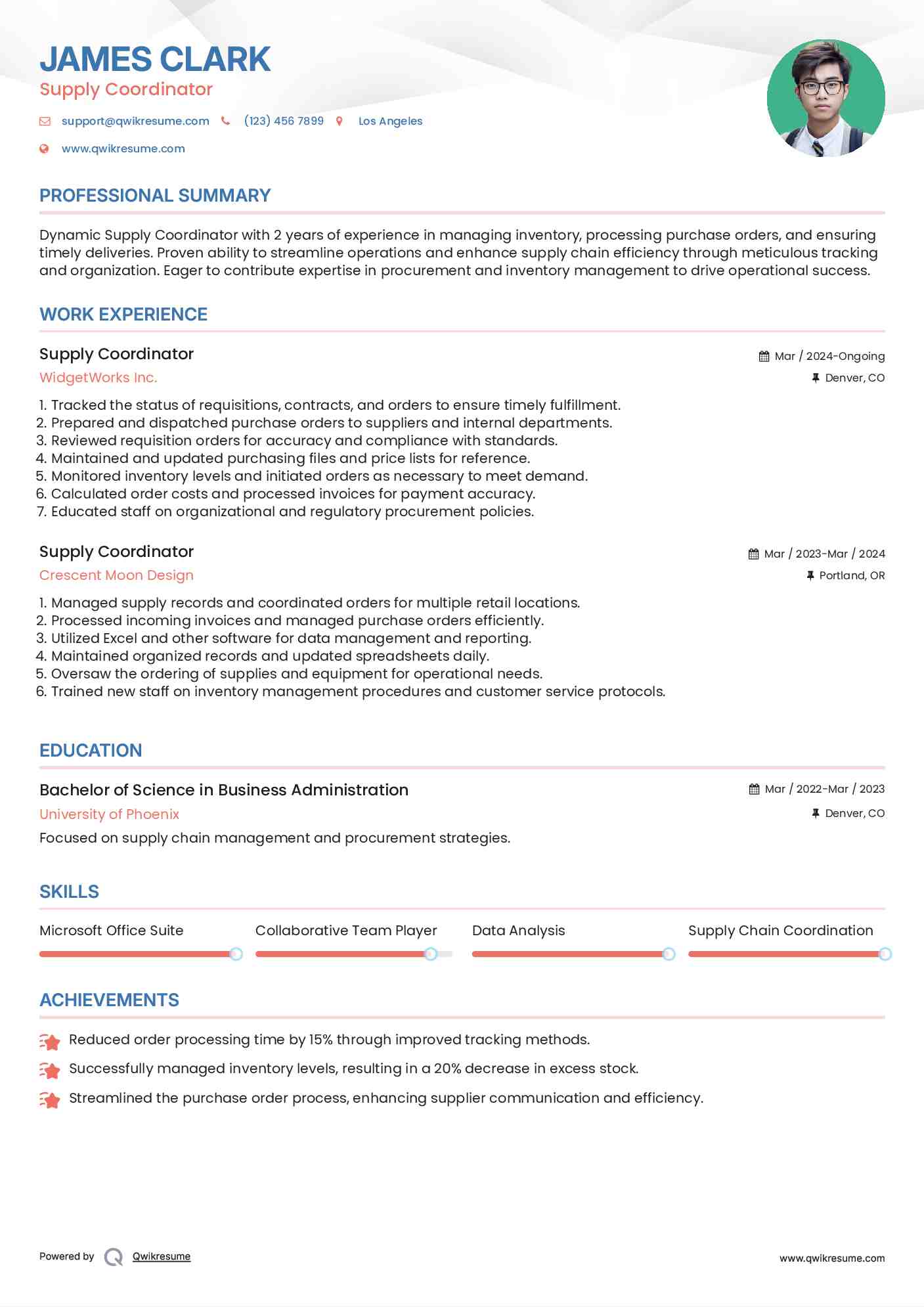 Supply Coordinator Resume Sample