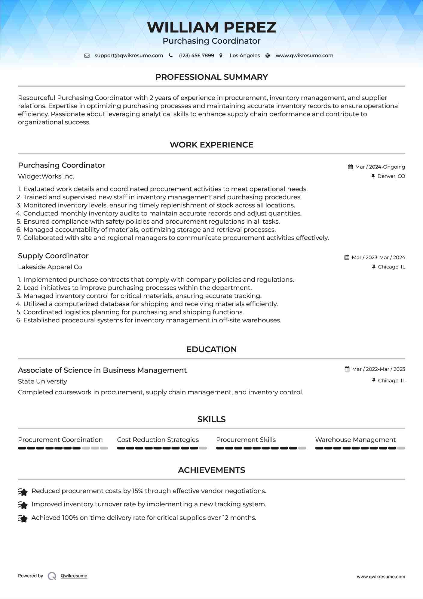 Purchasing Coordinator Resume Example