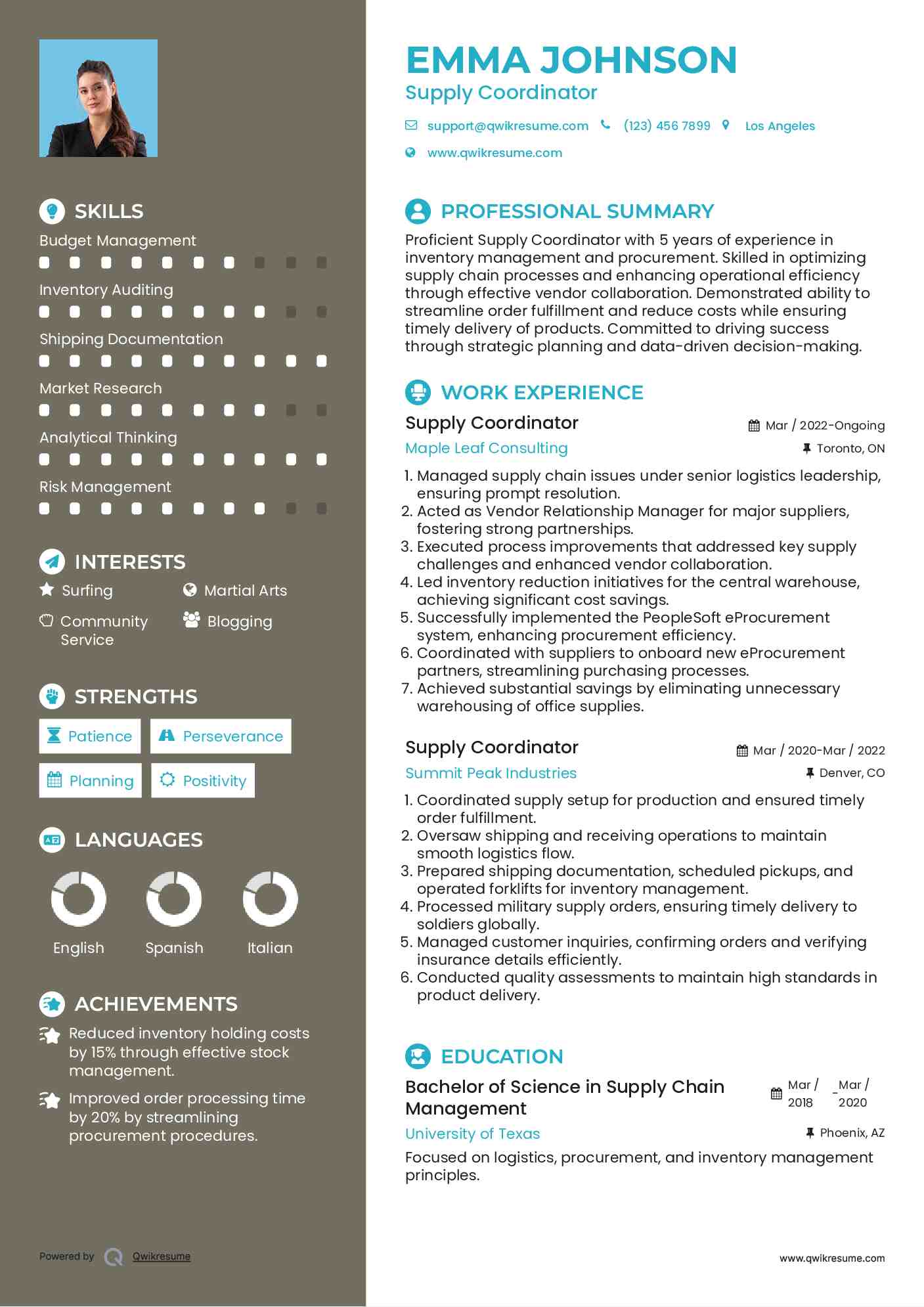 Supply Coordinator Resume Example