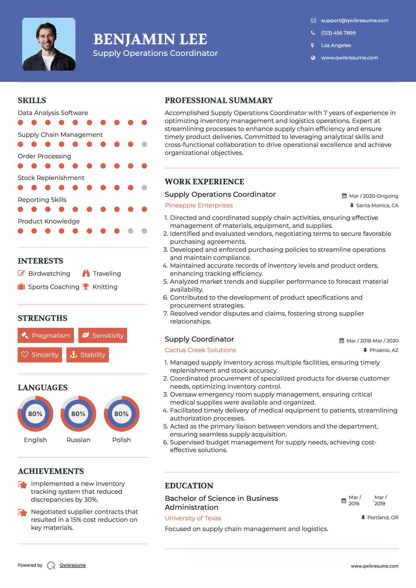 Supply Operations Coordinator Resume Model