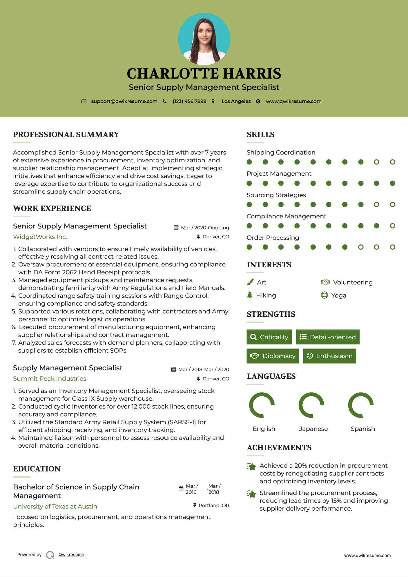 Senior Supply Management Specialist Resume Example