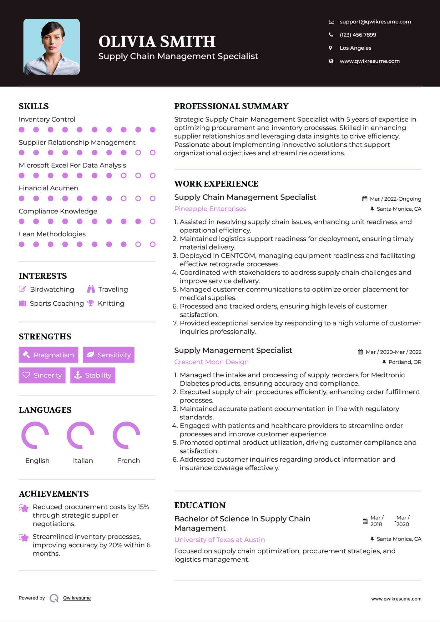 Supply Chain Management Specialist Resume Model
