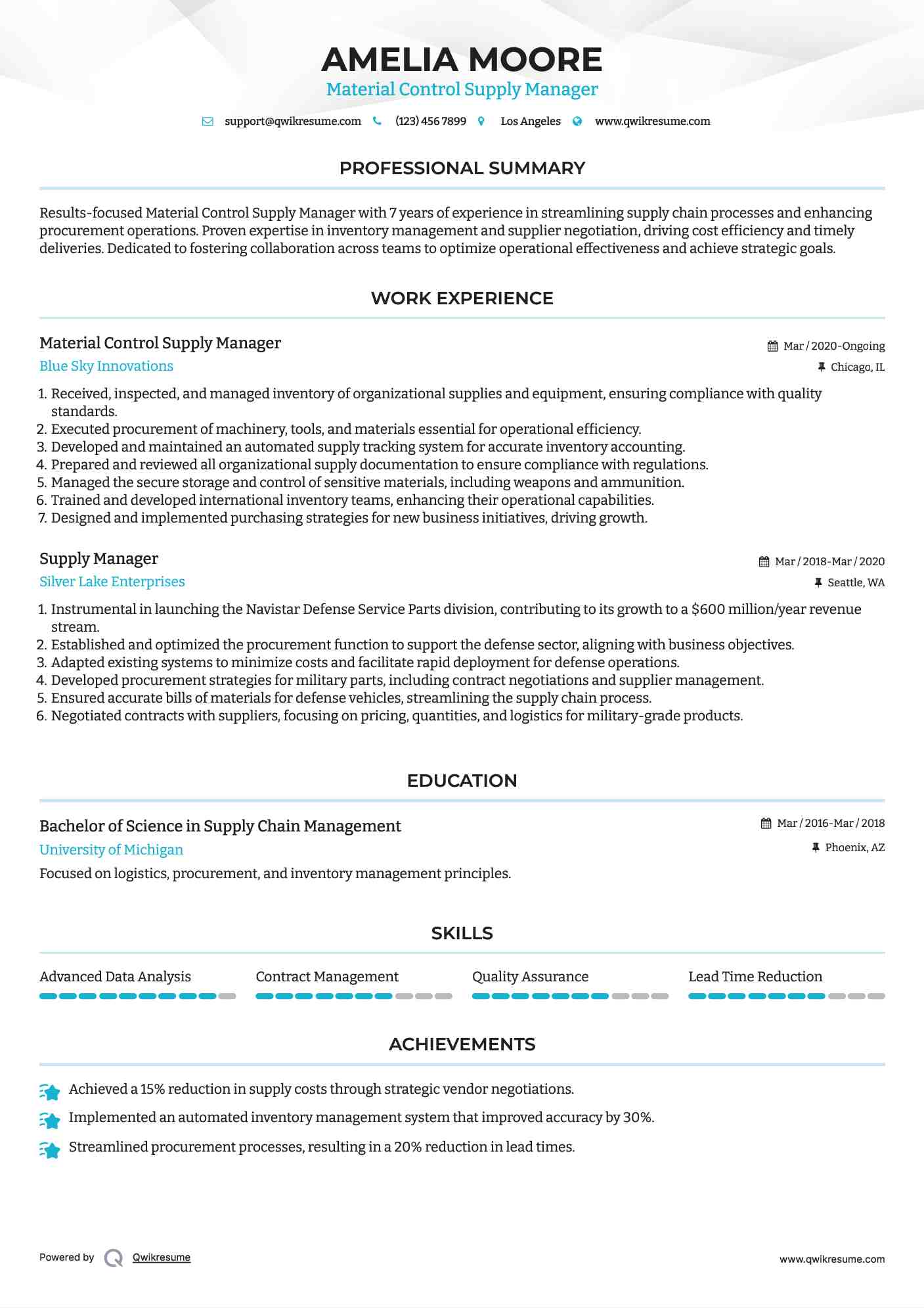 Material Control Supply Manager Resume Template