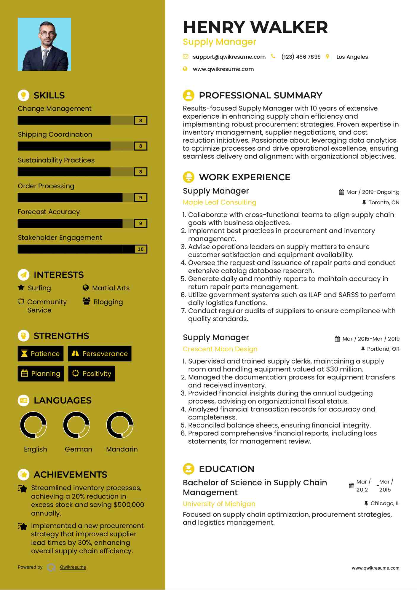 Supply Manager Resume Example