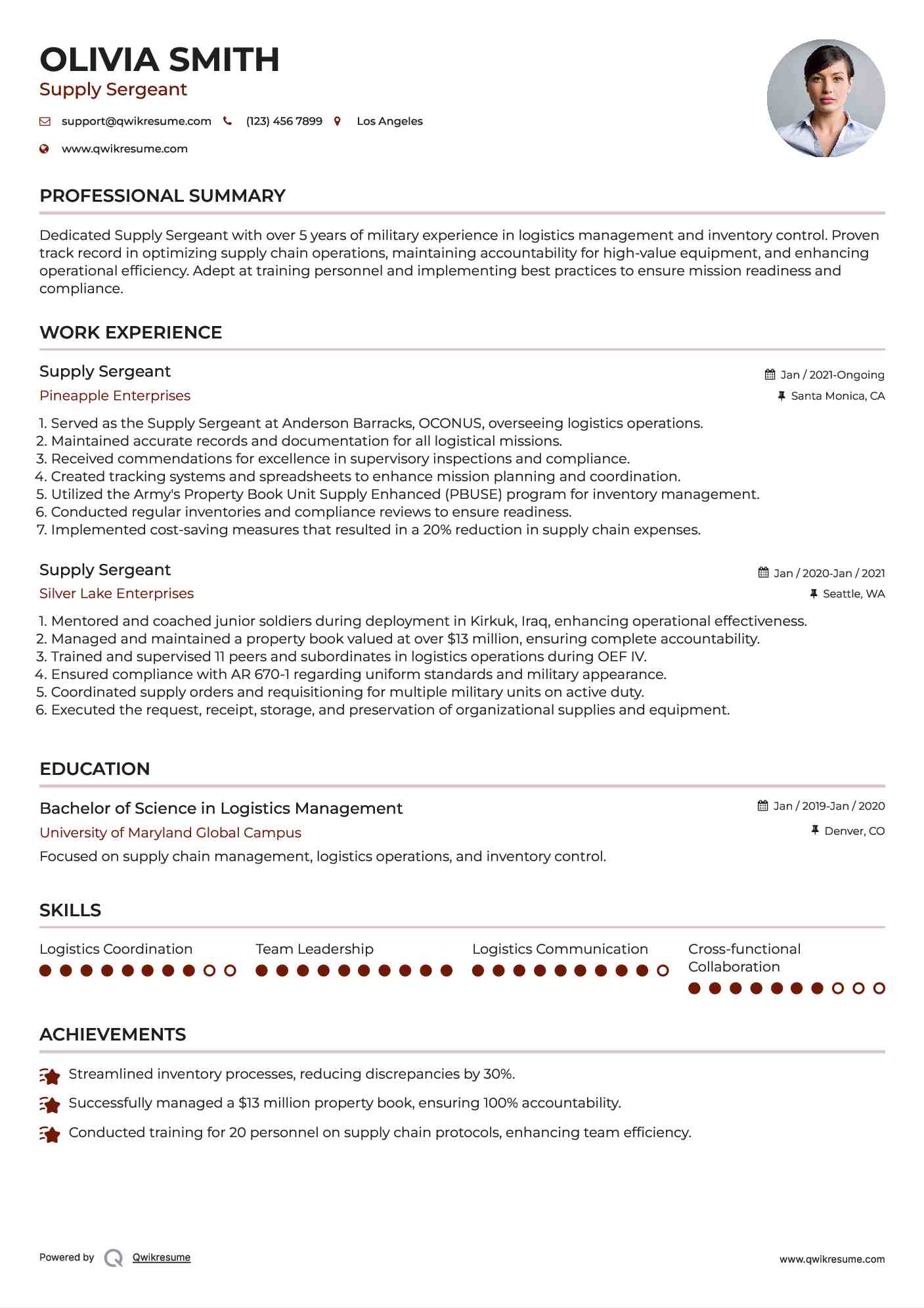Supply Sergeant Resume Format