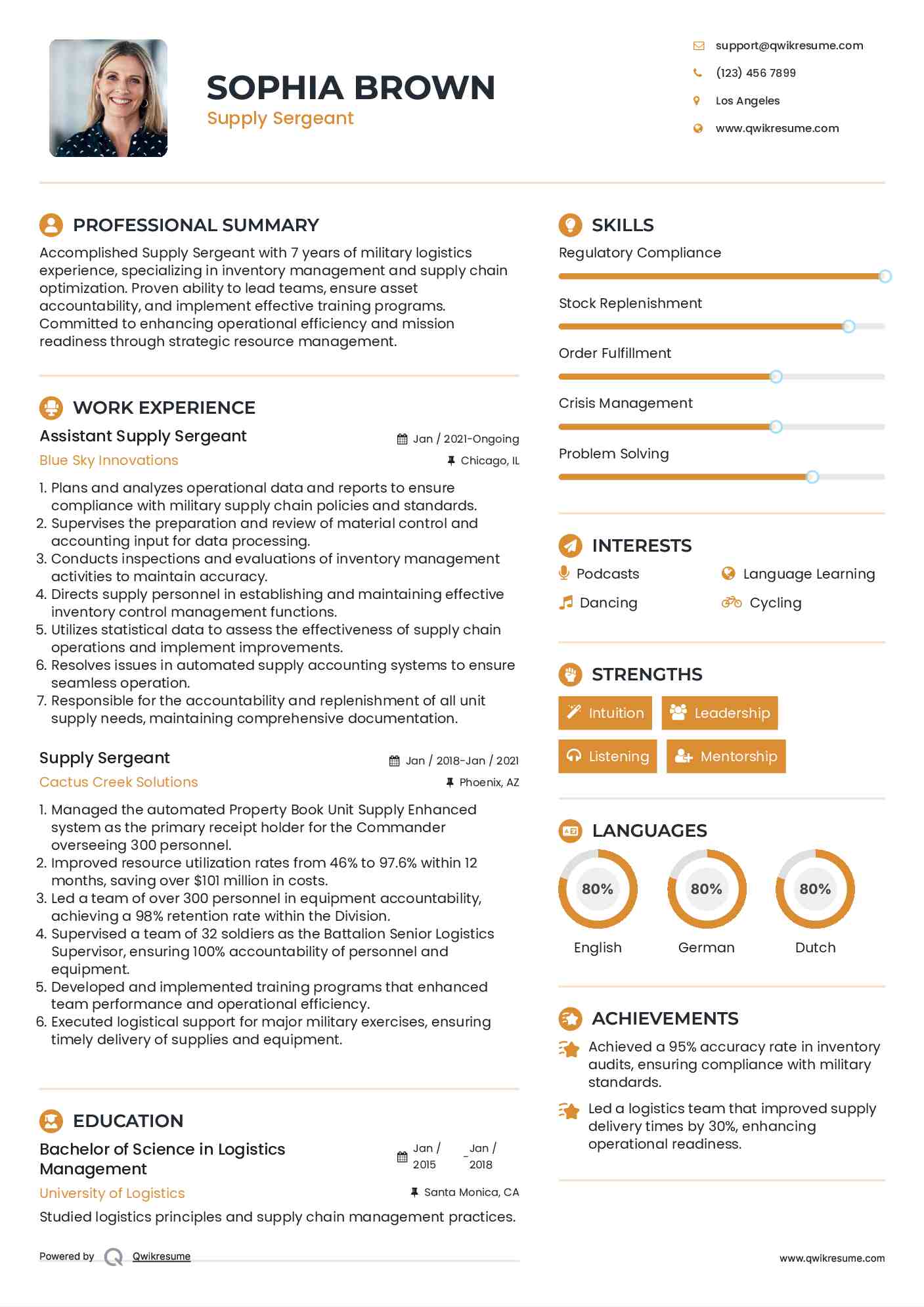 Assistant Supply Sergeant Resume Model