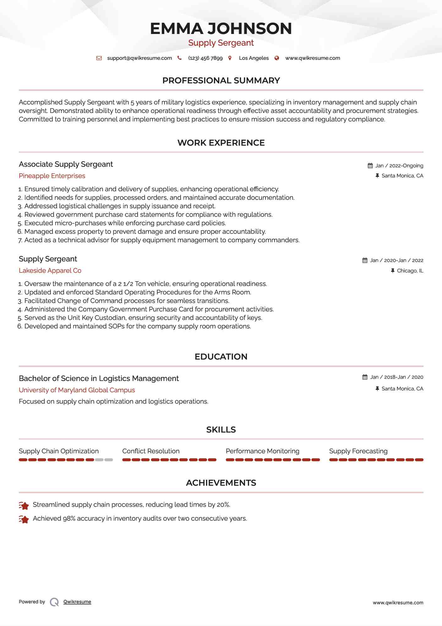 Associate Supply Sergeant Resume Template