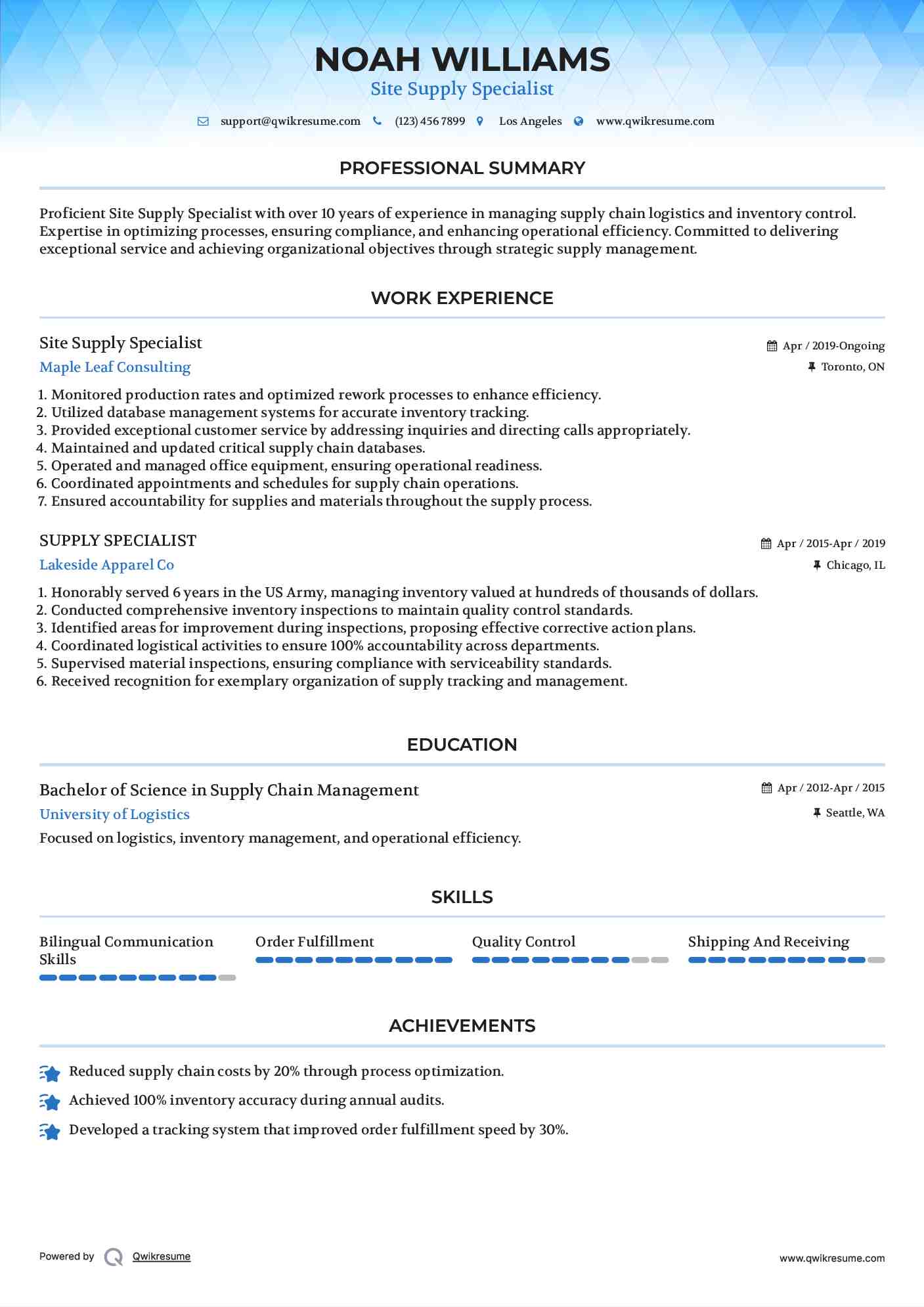 Site Supply Specialist Resume Model