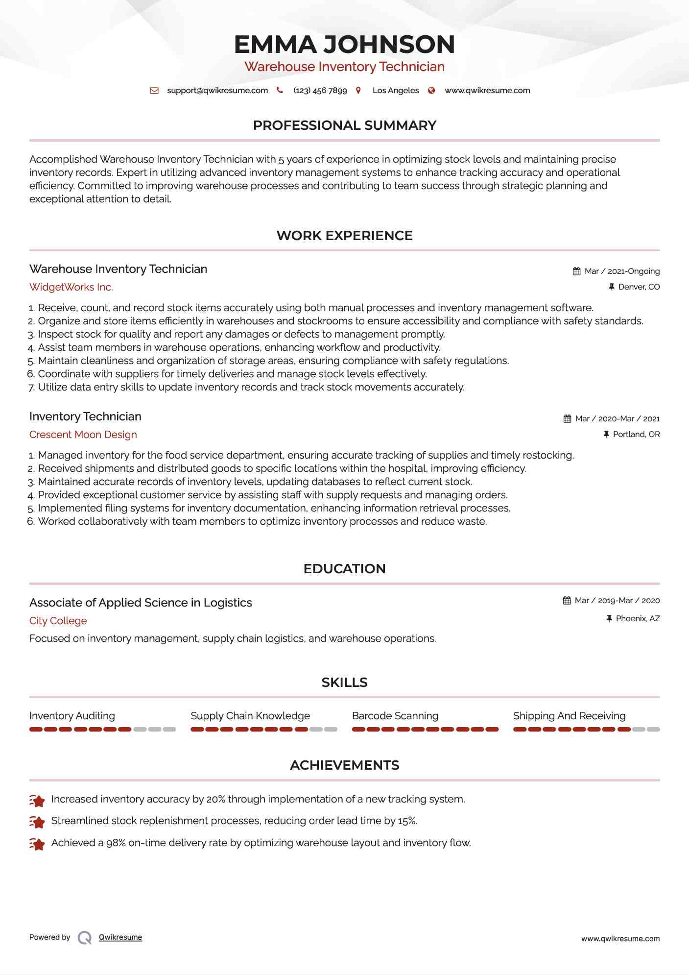 Warehouse Inventory Technician
 Resume Template