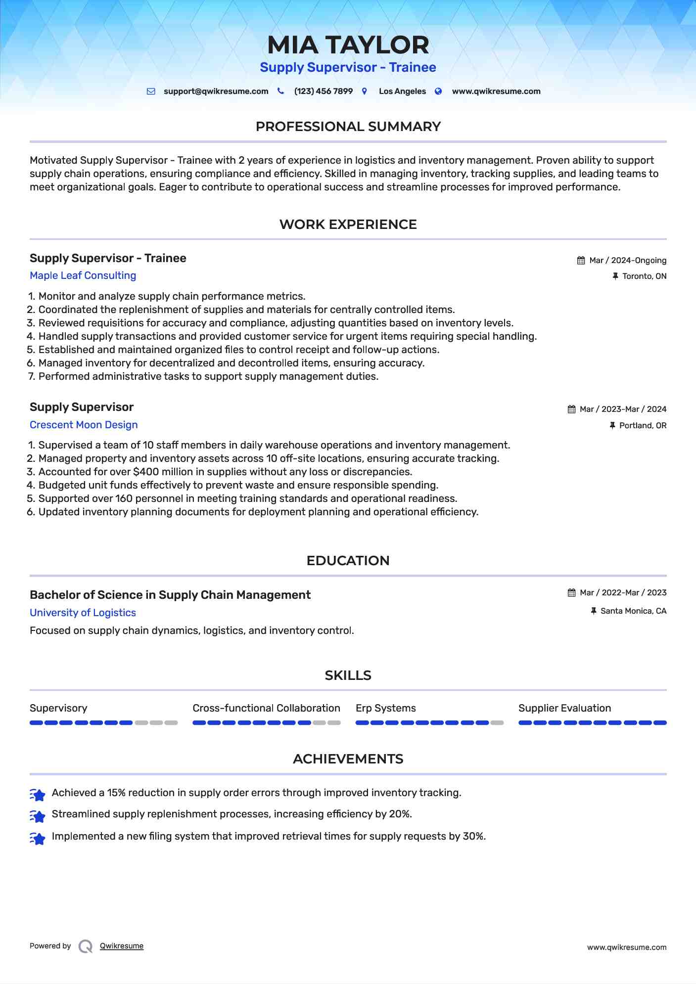 Supply Supervisor - Trainee Resume Model