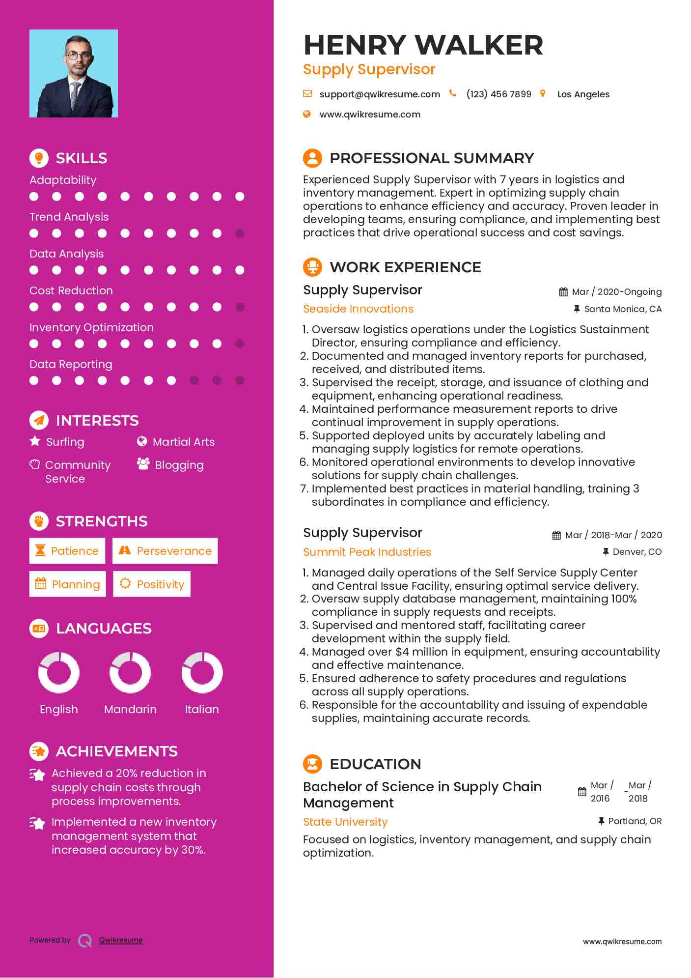 Supply Supervisor Resume Sample