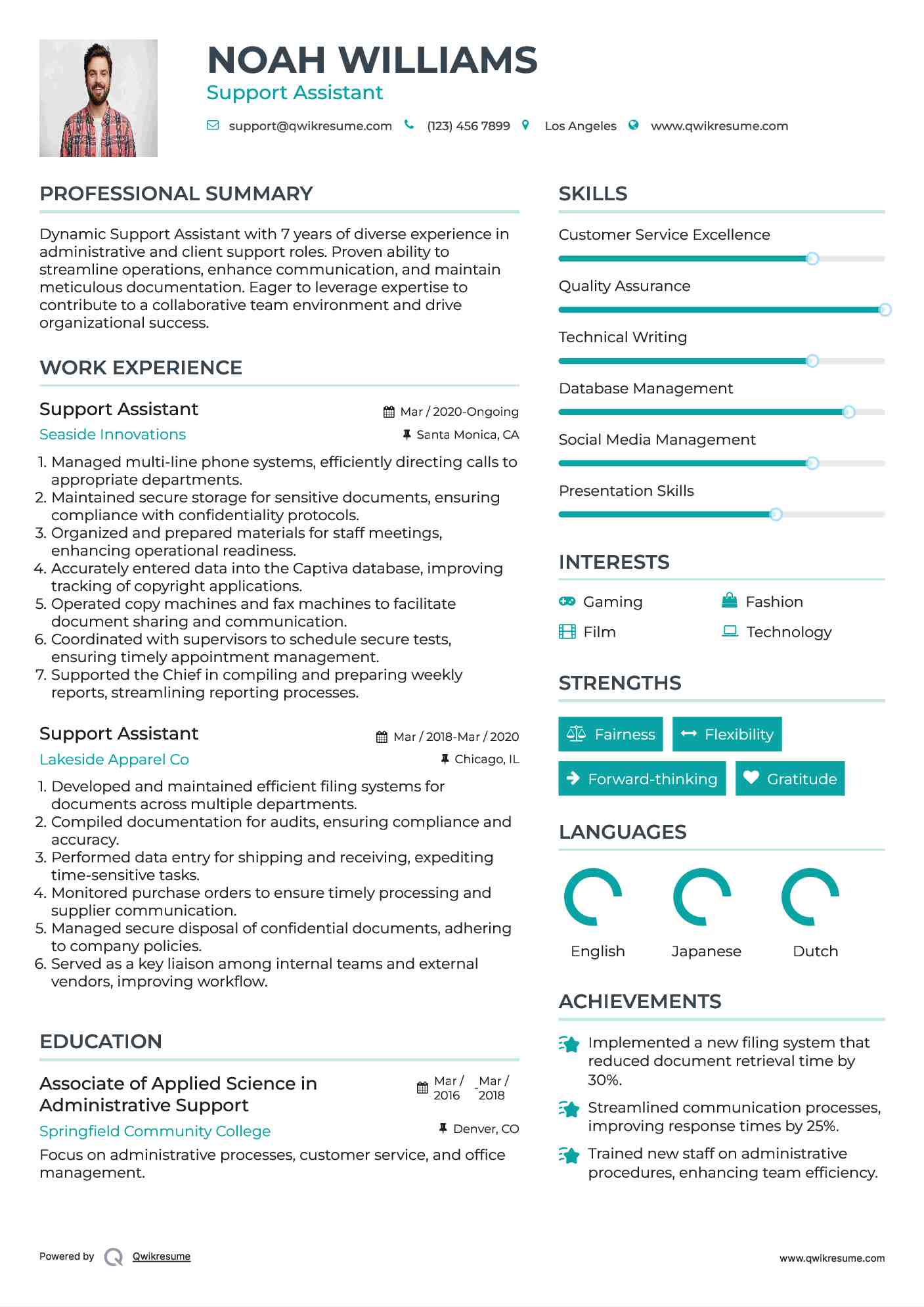 Support Assistant Resume Sample