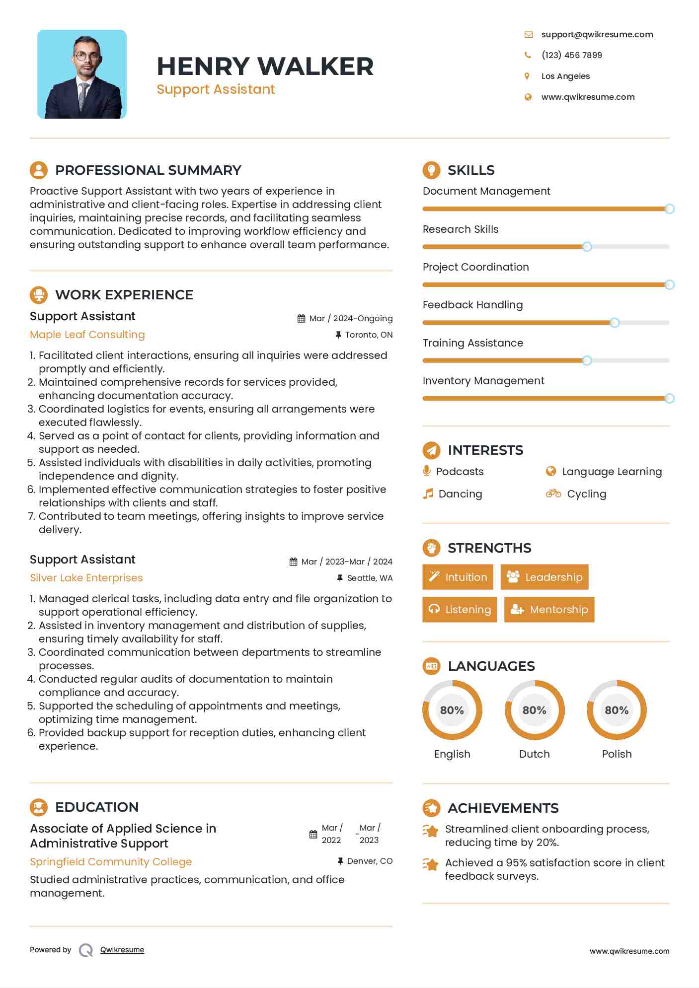 Support Assistant Resume Model