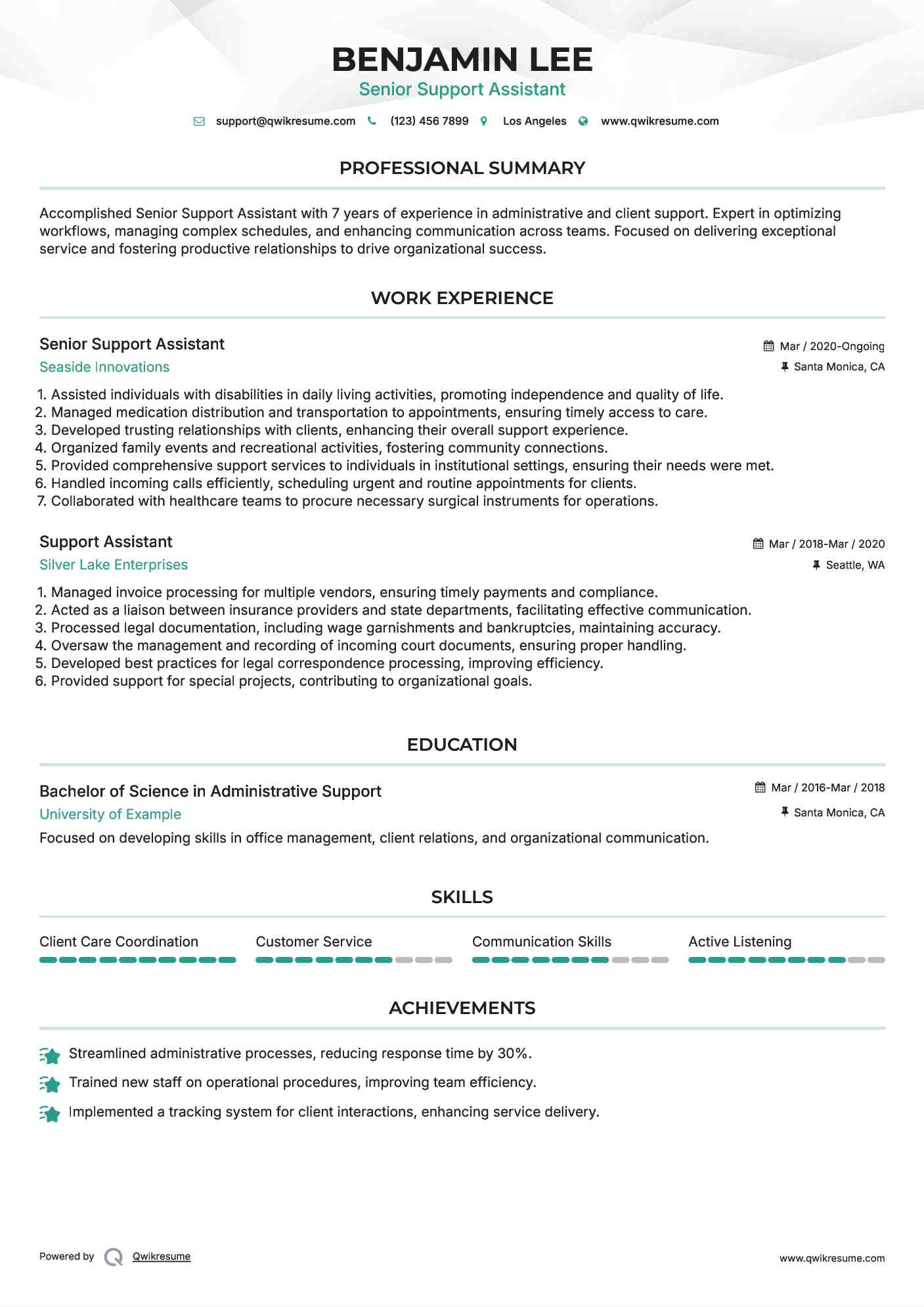 Senior Support Assistant Resume Template