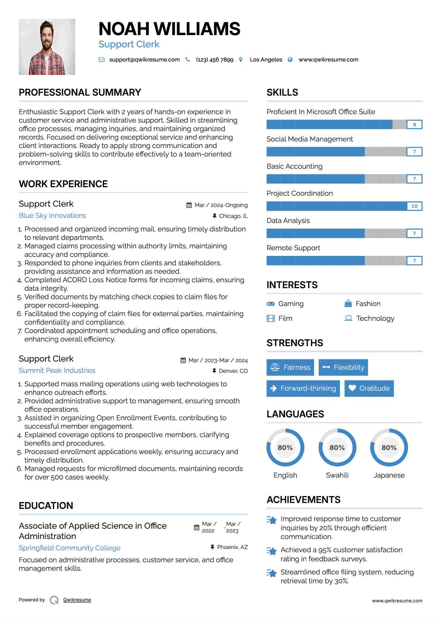Support Clerk Resume Model
