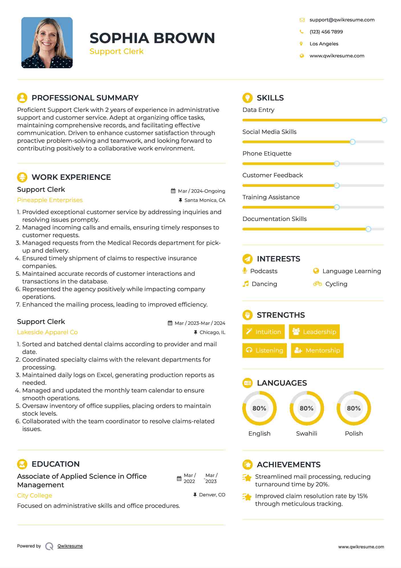 Support Clerk Resume Example