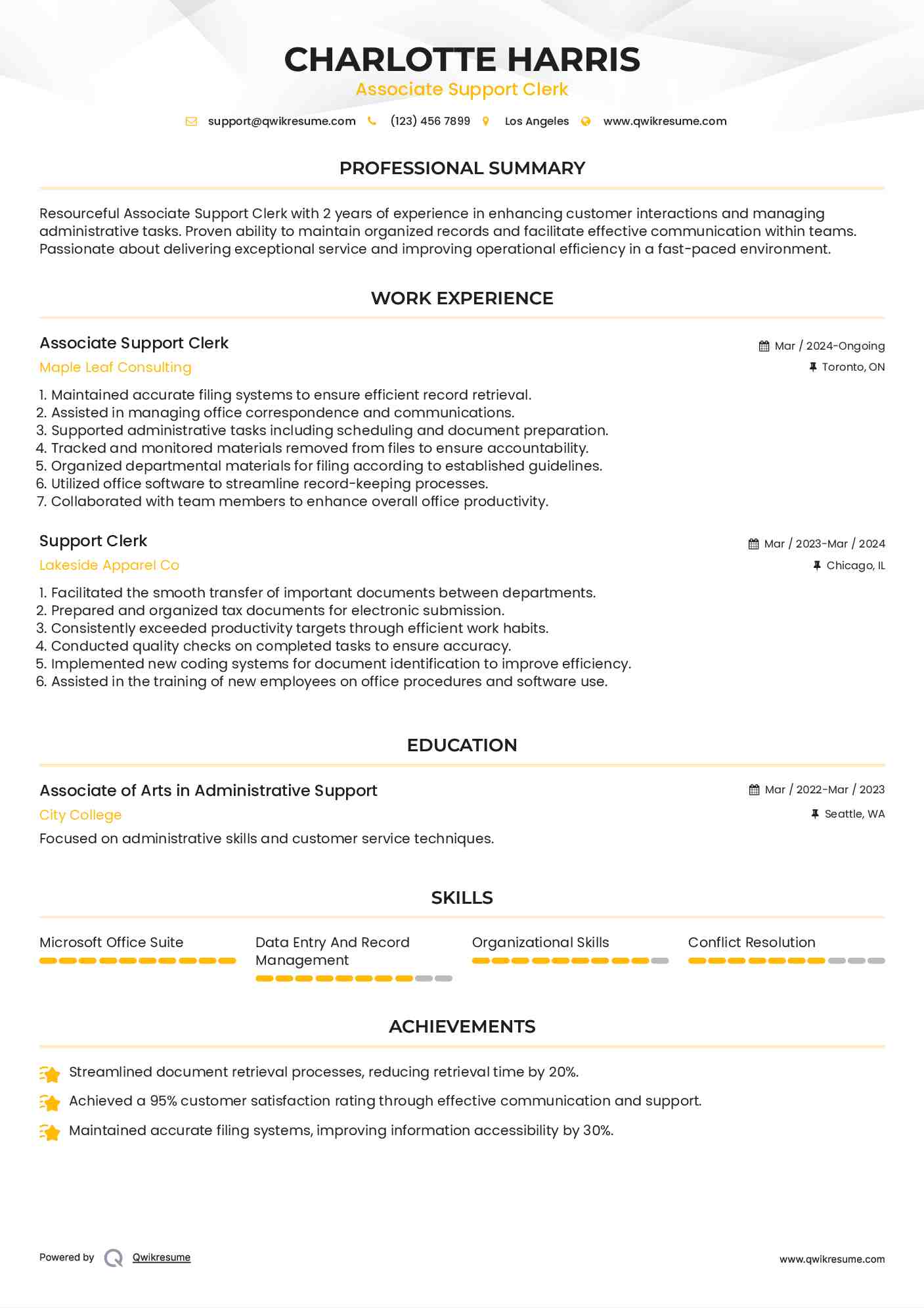 Associate Support Clerk Resume Sample