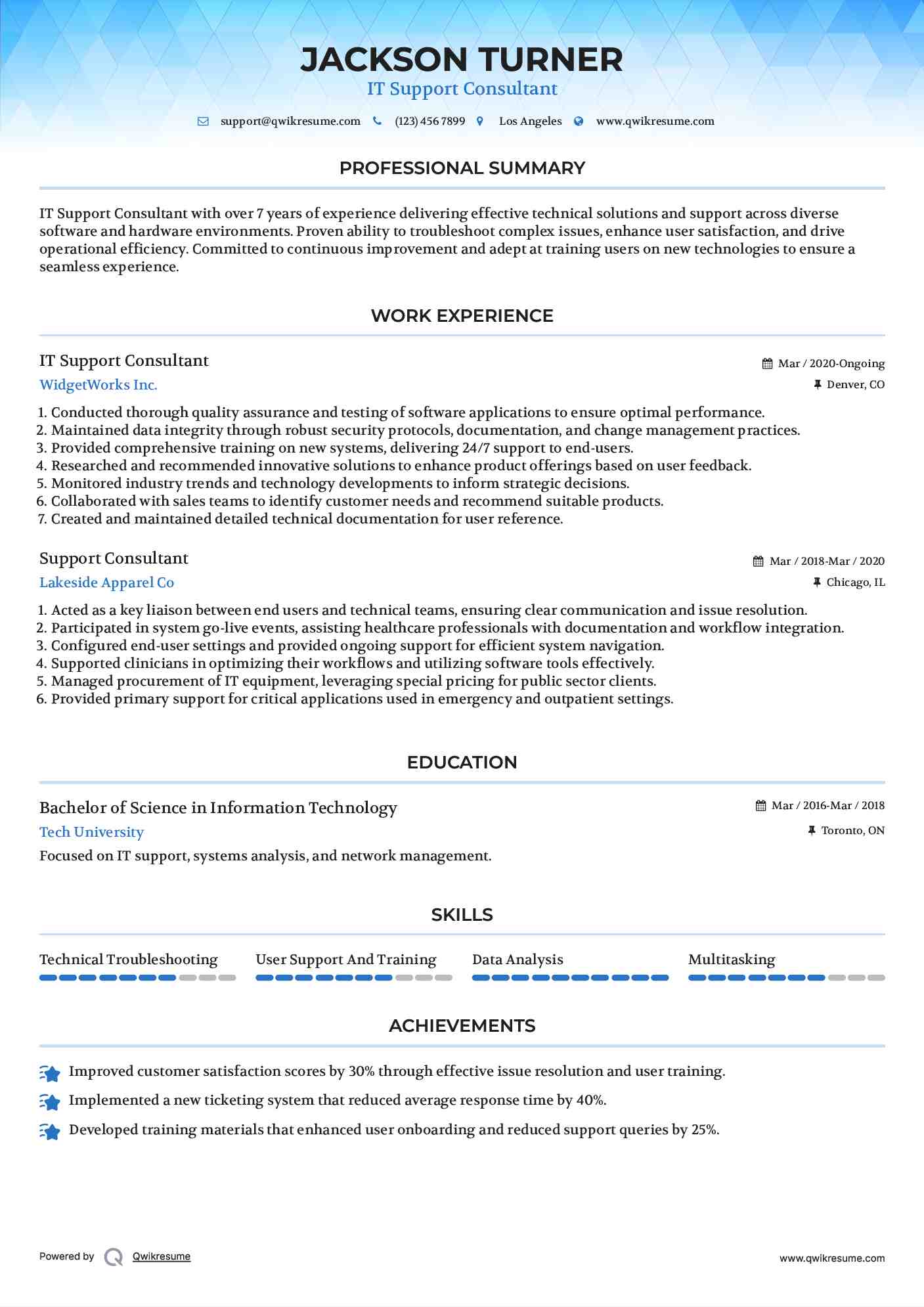 IT Support Consultant Resume Example