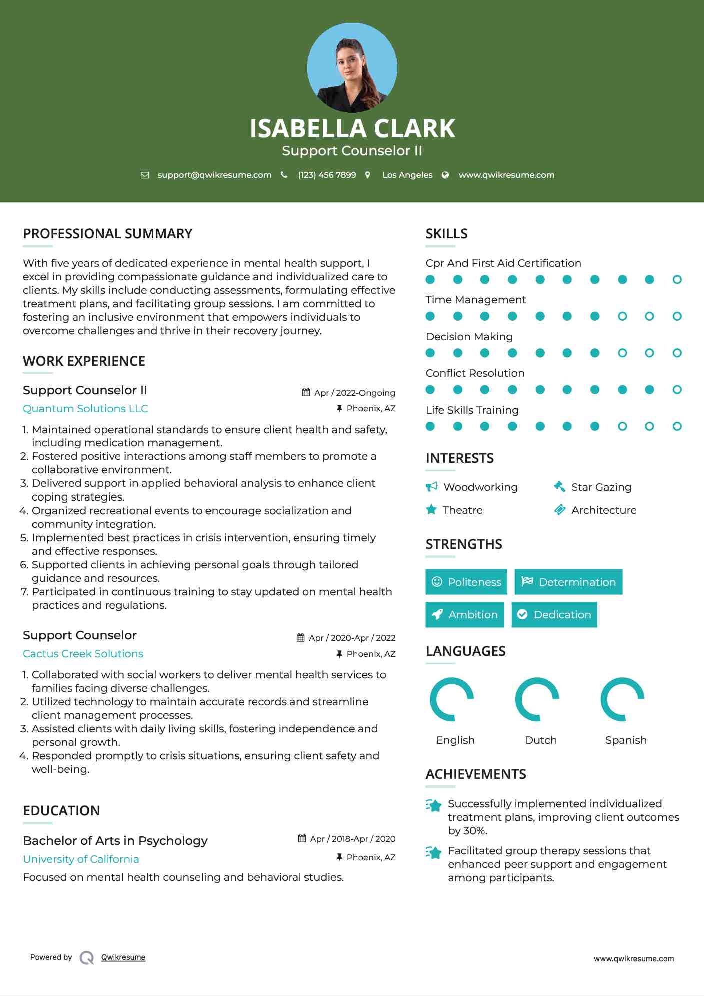 Support Counselor II Resume Model