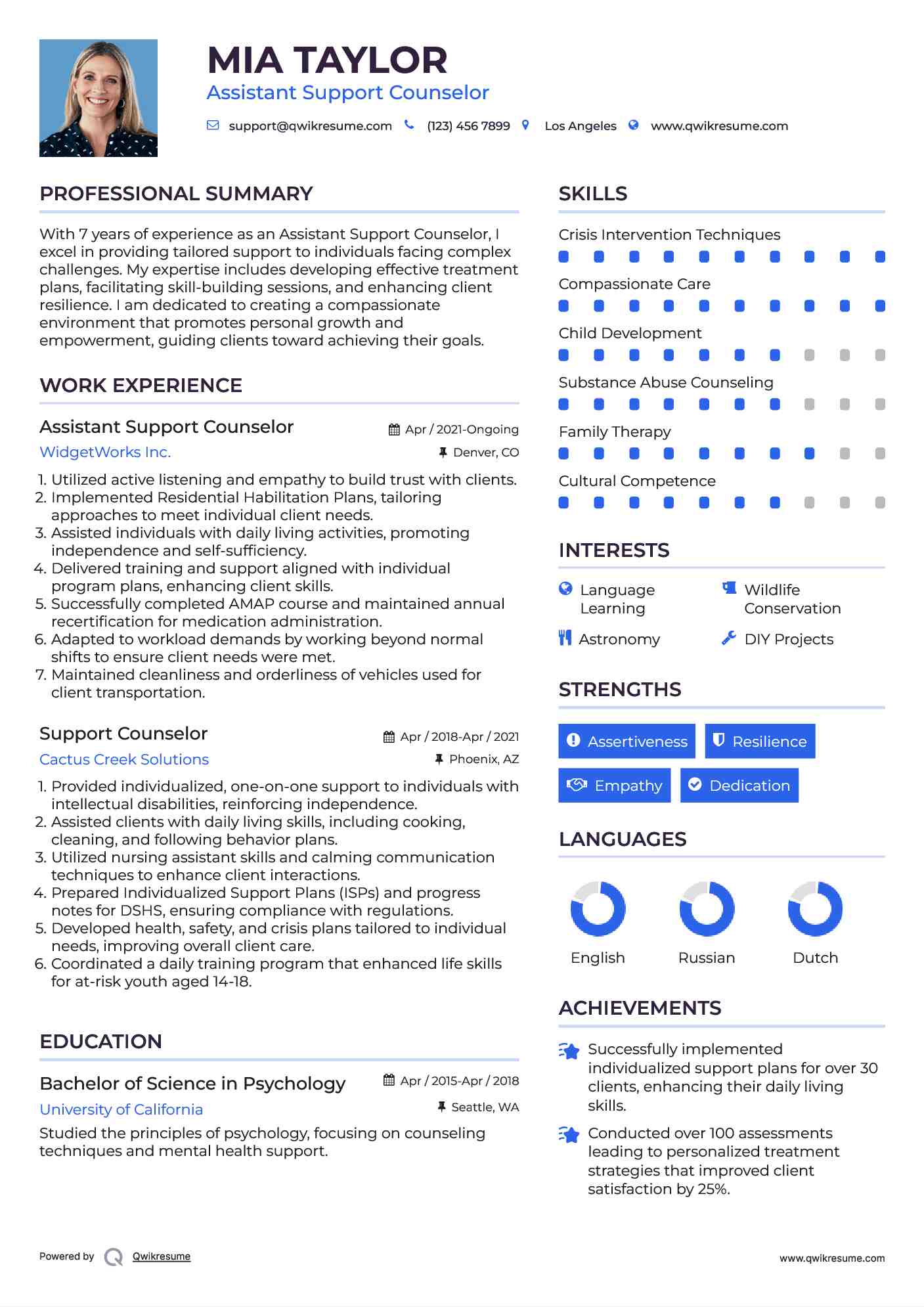 Assistant Support Counselor Resume Model