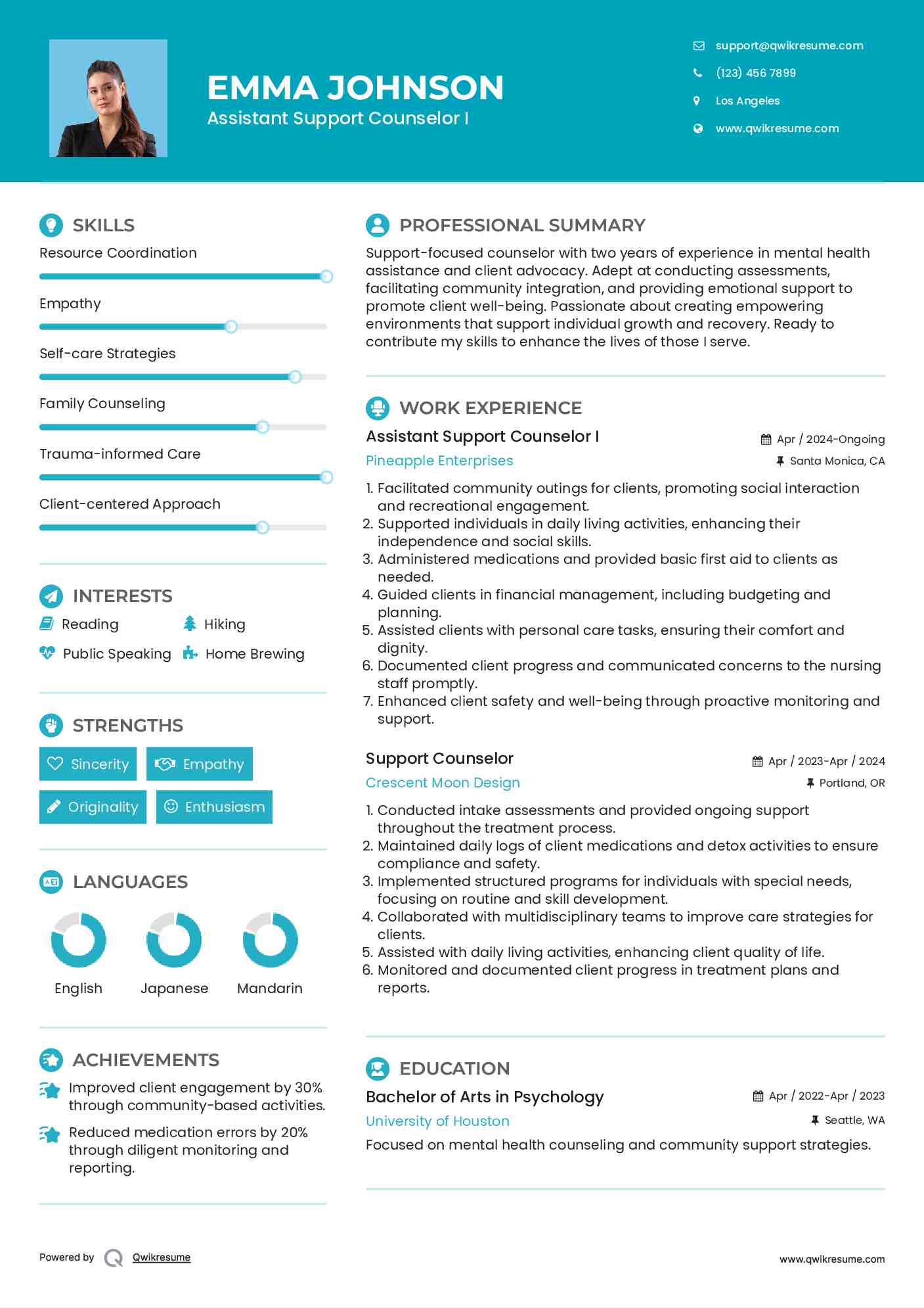 Assistant Support Counselor I Resume Format