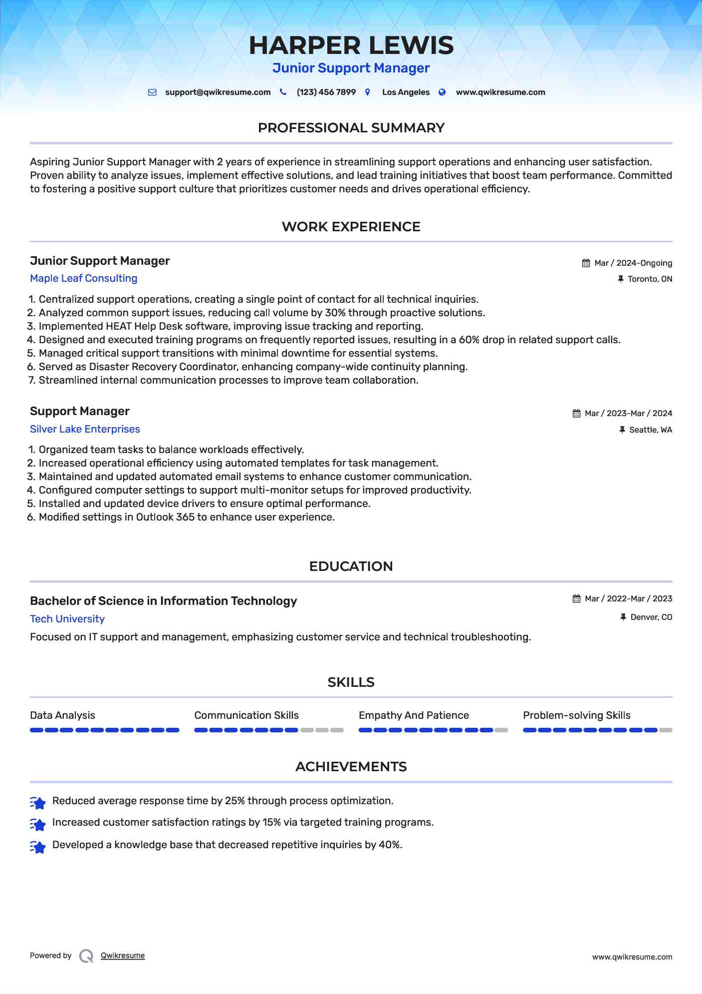 Junior Support Manager Resume Model