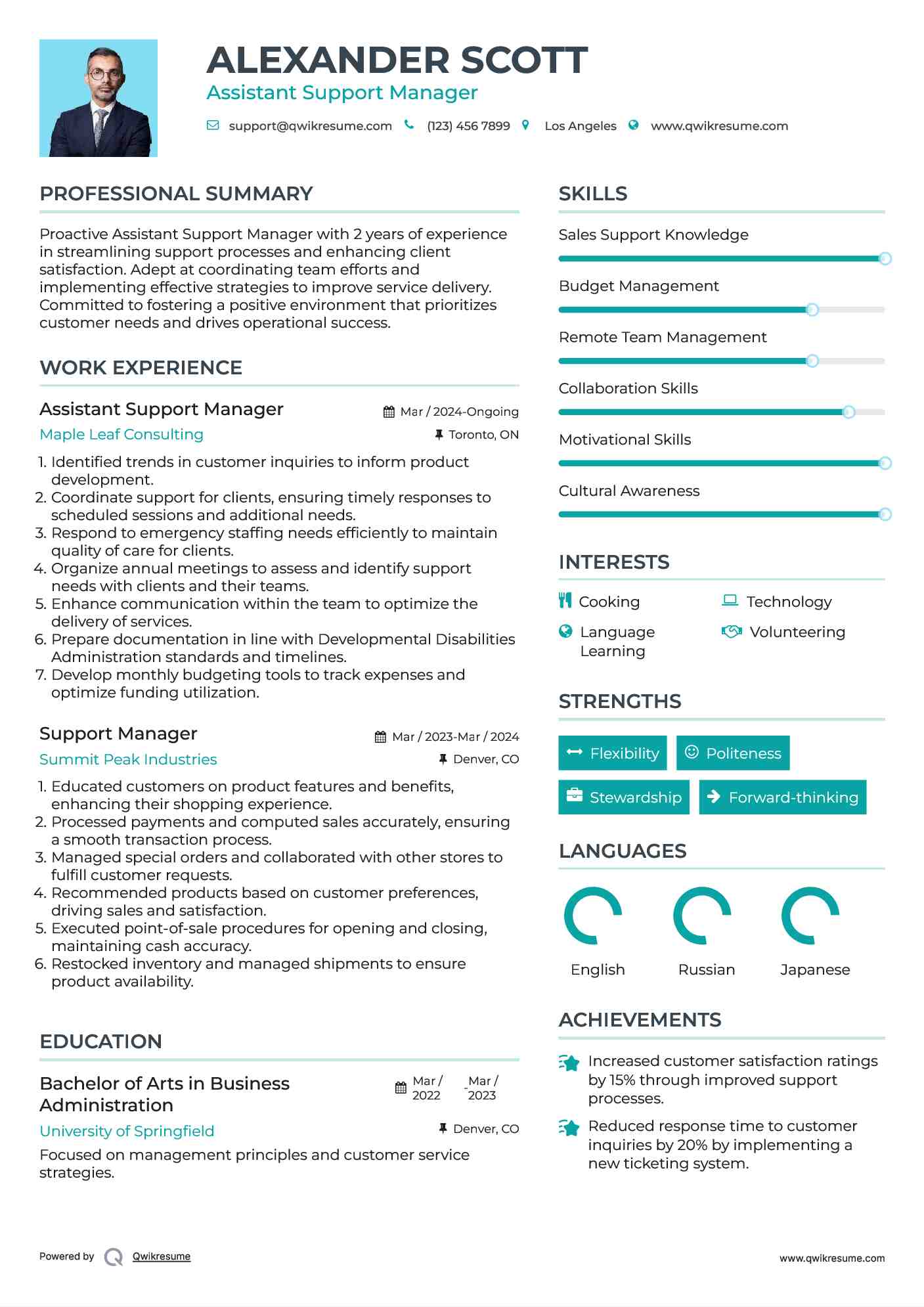 Assistant Support Manager Resume Example