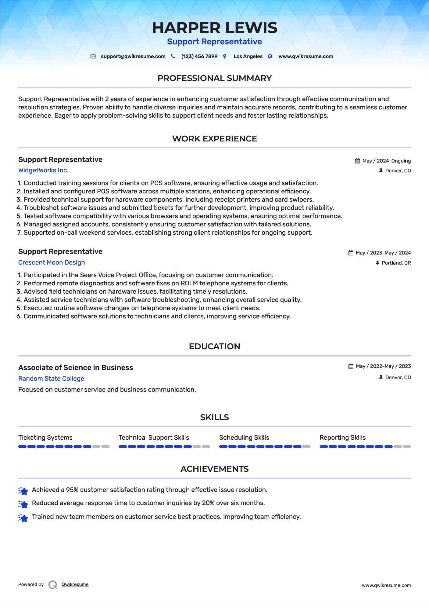Support Representative Resume Template