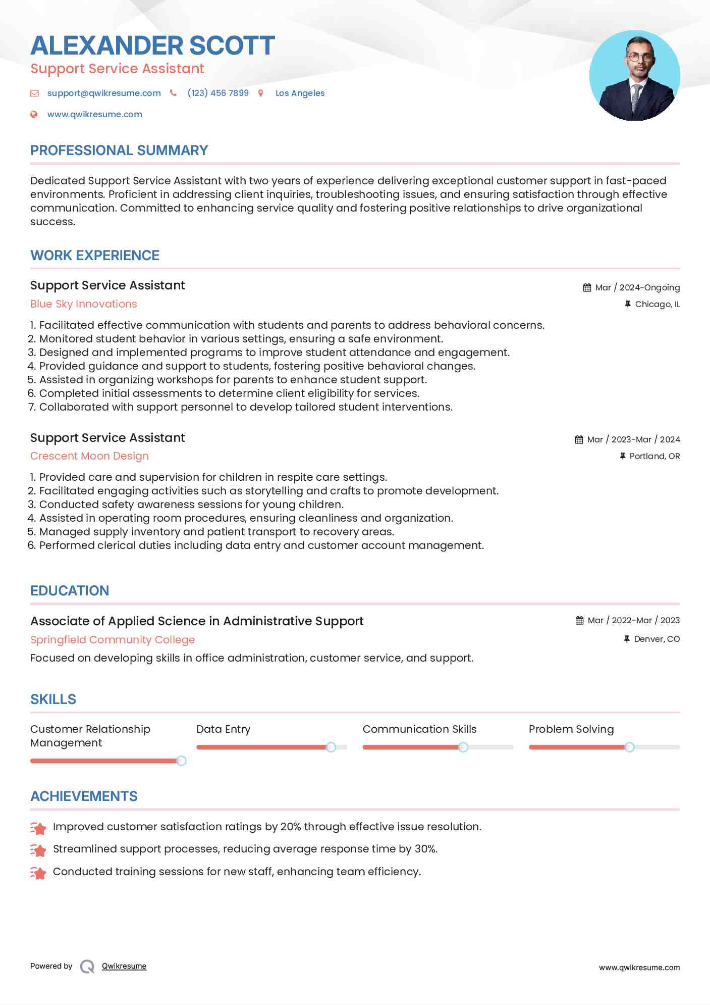 Support Service Assistant Resume Model