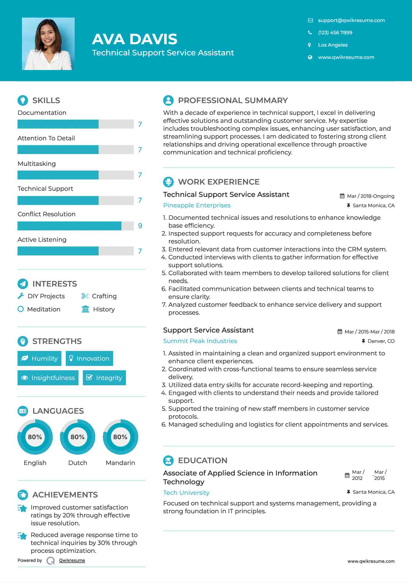 Technical Support Service Assistant Resume Format